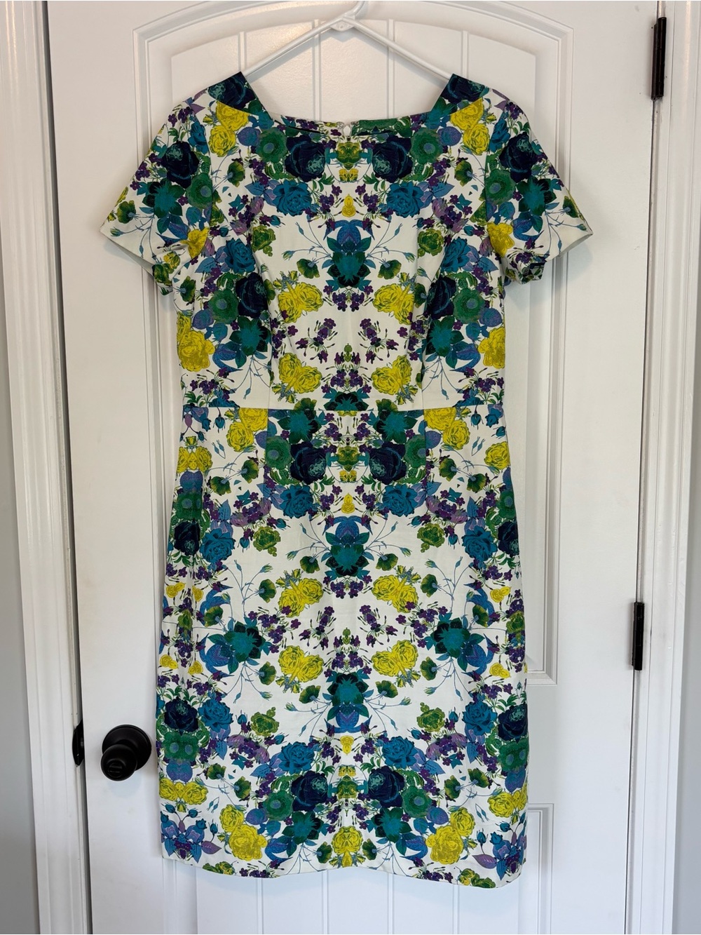 Talbots Floral Shift Dress in White with Teal & Yellow Size 10